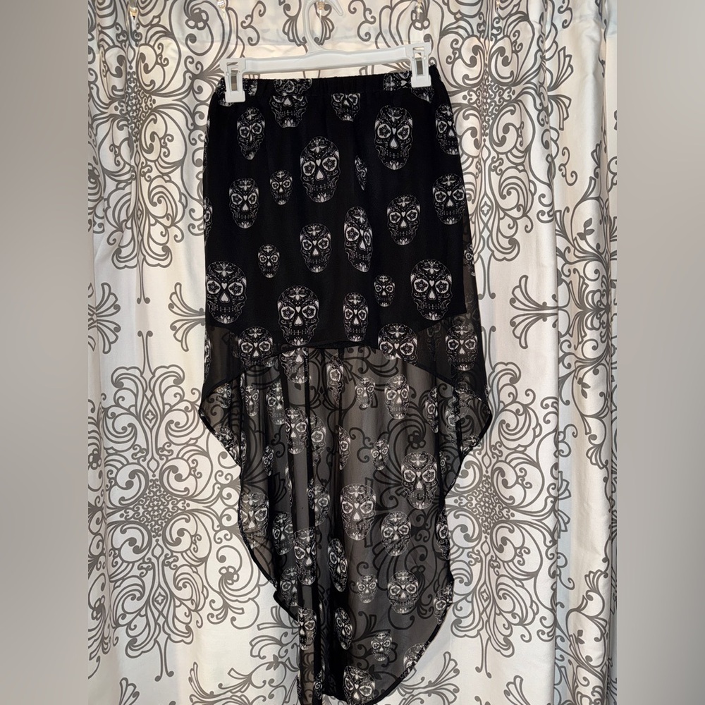 H&M Black Skull Print Sheer High-Low Skirt